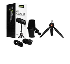 Shure MV7 Podcast Kit  - Tipo Dinâmico, Ligação mista: USB e XLR (independentes), Padrão Cardioid, Taxa de bits até 24 bits, Faixa de frequência 50Hz-16kHz, Botão de ganho sim, 