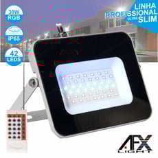 Afx Light   Foco LED 30W 220v C/Comando RGB IP65  - Foco LED p/ exterior c/ 30W potência, Tensão funcionamento: 230V, IP65, LEDS: 42 LEDS SMD 1W, ângulo: >100º, Controlo remoto, memória da última cor, Estrutura Alimínio Preta slim, RGB, Dimensões: 2...