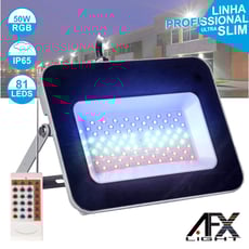 Afx Light  Foco LED 50W 220v C/Comando RGB IP65  - Foco LED p/ exterior c/ 50W potência, Tensão funcionamento: 230V, IP65, LEDS: 81 LEDS SMD 0.5W, ângulo: >100º, Controlo remoto, memória da última cor, Estrutura Alimínio Preta slim, RGB, Dimensões:...