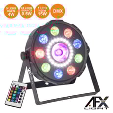 Afx Light   Projector Par c/ 9LEDS RGBW+24LEDS SMD+1LED 15W DMX COMBOPAR-FX - Projetor LED c/ 3 efeitos luz e comando, Círculo externo c/ 9 LEDS RGBW c/ 4W, Estroboscópio 24 LEDS SMD Branco quente, LED central RGBW c/ 15W, 1450 Lumens, 9/13/22/26 Canais DMX, controlo remoto,...