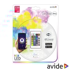 Avide   Kit Fita 150 Leds 5050 RGB 12V 5M IP65 WIFI+ IR - Fita WIFI RGB de 150 LEDs SMD 5050 c/ 5m, Dinâmica e flexível c/ fita adesiva, IP65, Potência: 7.2W (1.44W/m), Tensão: 12V, Ângulo luminoso: 120º, 30 LEDs p/metro, Intensidade luminosa: 1650 Lumens...