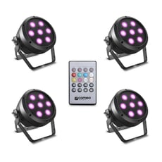 Cameo  ROOT PAR 4 SET 1 - Potente foco PAR com 7 LEDs de quatro cores de 4 W com uma saída de luz de 1350 lm, Excelente mistura de cores RGBW, Lentes otimizadas para intensidade de luz uniforme, DMX e entrada e saída de ene...