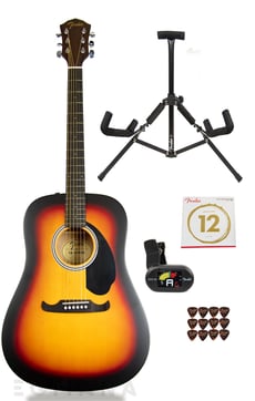 Fender FA-125 Dreadnought Acoustic Sunburst Pack  - Construção totalmente laminada, Cabeçote 3 + 3 moderno, Ponte viking, Nato decote, 20 trastes, Máquina de afinação fundida e selada, 