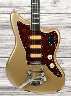 Fender  Gold Foil Jazzmaster Ebony Fingerboard Shoreline Gold - Corpo: Mogno, Braço: Maple, Construção: Bolt-On, Escala: Ebony, Inlays: White pearloid block, Comprimento da Escala: 648 mm (25.5), 