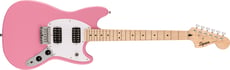 Fender Squier Sonic Mustang Maple Fingerboard White Pickguard Flash Pink - Comprimento curto da escala de 24, Captadores humbucking Squier (HH), Ponte hardtail de 6 selas, Máquinas de afinação de engrenagens seladas, hardware cromado, 