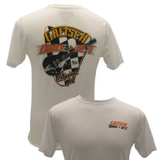 Gretsch Duo Jet M  - T-shirt de Gretsch, cor: branco, letras grandes na parte de trás, impressão menor na frente, com costura dupla, tamanho M, 