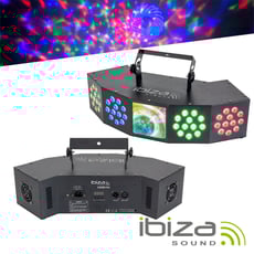 Ibiza  COMBI-FX4  - Projetor 3 em 1 LED RGBW c/ 3 efeitos de luz, Efeitos WASH, MOON e STROBE, Modos: Auto, Master, Slave ou DMX, 6 canais DMX, Consumo de energia: 26W, Alimentador 12VDC 3A e comando incluído, 