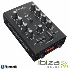 Ibiza  Mesa de Mistura 2 Canais REC Bluetooth MIX500BT - Mesa de mistura c/ 2 Canais, 2 Entradas de linha e 1 MIC, Leitor MP3 c/ entrada USB e Bluetooth, Saída REC (gravação), Crossfader, Controlo Agudos, médios e graves, Peso: 0.55 kg, 