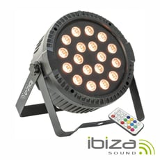 Ibiza  Projector c/ 18 Leds 1W RGB DMX - Projector c/ LEDs RGB e efeitos de controlo, Número de LEDs: 18 LEDs c/ 1W potência, 18 LEDs RGB 3 em 1, Automático, MASTER-SLAVE, 7 canais DMX, Tensão funcionamento: 110-240V~50/60Hz, Dimensões: 1...