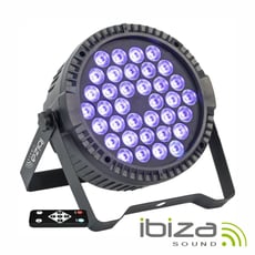 Ibiza  Projector PAR c/ 36 Leds 3W UV DMX B-Stock - Projector c/ LEDs UV, Número de LEDs: 36 LEDs c/ 3W potência, 36 LEDS UV, 3 modos, Automático, MASTER-SLAVE, 2 canais DMX, Tensão funcionamento: 110-240V~50/60Hz, Dimensões: 185x185x80mm, 