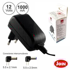 Join ALIMENTADOR COMPACTO 12V 1A 12W (KD1910/12)  - Alimentador compacto comutado c/ 12W, Tecnologia: Switching, regulação: CV, Tensão de entrada: 100-240Vac, Tensão de saída: 12Vdc, corrente: 1A, 2 conectores: 5.5x2.1mm/5.5x2.5mm, Protecção Sobreca...