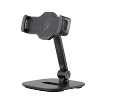 K&M  19800 Smartphone/Tablet stand  - suporte de mesa para smartphones e tablets, faixa de fixação de 130 a 224 mm, suportes e superfície de montagem revestidos com borracha antiderrapante, posicionamento individual via cabeça em forma...