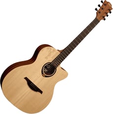 LAG   T70ACE A/E CUTWAY B-Stock - Tampo: Solid Sitka Spruce, Fundo e Ilhargas: Tropical Khaya, Acabamento: Open-pore, Cavalete: Brownwood, Ponte: Compensated black graphite / 72mm, Braço: Tropical Khaya, 