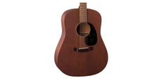 Martin D15M (estojo incluído) - Tipo de corpo Dreadnought, Tampo, laterais, fundo em mogno maciço, 20 trastes, Comprimento da escala 645 mm, Largura de 42,85 mm, Inlays em forma de diamantes e quadrados, 