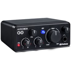 Presonus  AudioBox GO  - Característica 1: Interface de áudio USB 2 x 2, Montagem em rack: não, Displays: display de LED, Taxa de amostragem: 96 kHz, Resolução: 24 bits, Entradas de microfone: 1, 