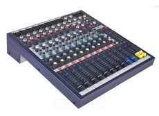 Soundcraft EPM 12  B-Stock - 2 bus auxiliar configurável, Terminais XLR e ficha de ¼”, Terminais RCA phono e saídas Record, EQ de 3 bandas em entradas mono, EQ de 2 bandas em entradas estéreo, Terminais TRS, 