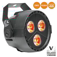 VSOUND  Projector Luz c/ 3 Leds 4W RGBW DMX VSPROJPL34A - Projector c/ LEDs RGBW e efeitos de controlo, Número de LEDs: 3 LEDs c/ 4W potência, LEDs RGBW 4 em 1, visor digital LED, Som activo, MASTER-SLAVE, canais DMX, Tensão funcionamento: 230Vac, 50-60Hz...