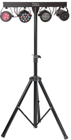 Ibiza DJLIGHT85LED  - Suporte para 3 projetores de luz, Projetor PAR/STROBE/MOON c/ laser DMX, Laser vermelho e verde c/ controlo remoto, Consumo de energia:60w, Tensão Funcionamento:110-240-50/60Hz, Dimensões:74x21x202...