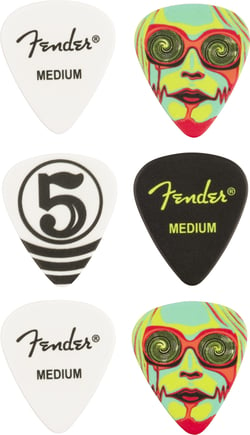 Fender John 5 351 Celluloid Picks (6 pack) - Contém 6 palhetas impressas de calibre médio, As escolhas apresentam logotipo e gráficos John5, Forma tradicional de picareta 351, Feito de celulóide, 