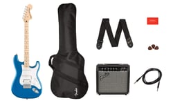 Fender  SQ Aff. Strat HSS MN PACK LPB  - Oferecendo 15 watts de tom puro de Fender, o amplificador Frontman 15G possui canais limpos e overdrive, equalização de três bandas, fone de ouvido para prática silenciosa e uma entrada aux para co...