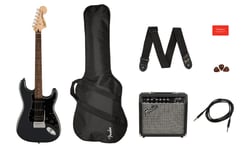 Fender Squier Stratocaster Affinity HSS Charcoal Frost Metallic - Um captador (pickup) Humbucker + dois captadores (pickups) Single-coil Strat pickups, Inclui: Saco de transporte Fender, Amplificador Fender Frontman 15G, correia de guitarra Fender e palhetas., 