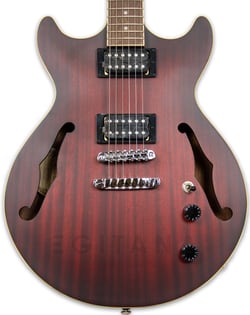 Ibanez AM53-SRF Artcore  - Corpo: Sapele, Topo: Sapele, Braço: Nyatoh, Perfil do braço: AM Artcore, Raio do braço: 305mm, Escala: Pinho (Bound Treated New Zealand Pine), 