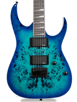 Ibanez  GRGR221PA-AQB  - Corpo: Okoume, Topo: Poplar, Construção: Bolt-On, Braço: Maple, Escala: Purple Heart, Inlays: White Sharktooth invertido, 