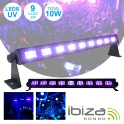 Ibiza  Barra Leds UV C/ 9 Leds UV 3W e Suporte LED-UVBAR - Barra de LEDs UV c/ 9 LEDs UV 3W, Estrutura metálica preta c/ vidro, Operação Plug & Play c/ interruptor, Tensão funcionamento: 230Vac, Potência: 27W, suporte ajustável, Peso: 0.75 kg, 