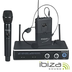 Ibiza Central Microfone s/ Fios 2 Canais UHF 863.9/864.9MHZ DR20UHF-HB - Central microfones UHF s/ fios c/ 2 canais, Frequência funcionamento: 863.9~864.9MHz, Sensibilidade: -105dBm, Alcance máximo: 60m, 1 Microfone de mão, 1 Microfone headset s/ fios, Frequência de res...