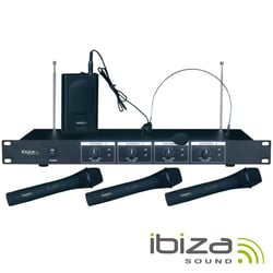Ibiza  Central Microfone S/ Fios 4 Canais VHF 201.1/207.5MHZ VHF4 - Central de Microfones VHF s/ fios c/ 4 Canais, 3 Microfones de Mão e 1 de Cabeça c/ receptor, Frequências: 201.1-205.8-203.5-207.5MHz, Saída áudio: 0-300mV, potência saída: 10mW, Alcance de áudio d...