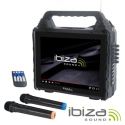 Ibiza  Coluna Amplificada c/ Ecrã USB/BT/SD/AUX - Altifalante c/ ecrã 14.1, Resolução: 1024x768, Compatível c/ Android e iOS, 2 Microfones (incl.), Bluetooth / USB / SD / AUX, Comando incluído, Frequência: 20Hz - 20000Hz, Potência: 30W (RMS), Funç...