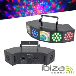 Ibiza  COMBI-FX4  B-Stock - Projetor 3 em 1 LED RGBW c/ 3 efeitos de luz, Efeitos WASH, MOON e STROBE, Modos: Auto, Master, Slave ou DMX, 6 canais DMX, Consumo de energia: 26W, Alimentador 12VDC 3A e comando incluído, 