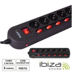 Ibiza LC606  - Extensão Eléctrica com tomada Eléctrica com 6 saídas interruptores protecção 3M, Tomada eléctrica c/ 6 saídas e interruptor, Equipado c/ interruptor e individuais, Tensão funcionamento: 220-250Vac,...