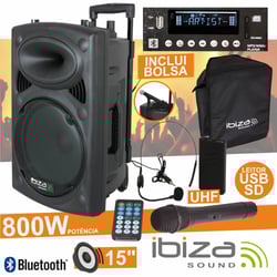 Ibiza PORT15UHF-BT  - Sistema Portátil com Bateria Ibiza PORT15UHF-BT, Coluna Amplificada 15 450Wrms/800Wmáx, Leitor Multimédia USB / SD / REC e Bluetooth, 2 Microfones UHF 863/865MHz, comando, Regulação Bass / Treble, ...