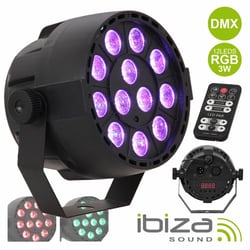 Ibiza PROJETOR PAR C/ 12 LEDS RGB 3W ABS COMANDO MIC DMX - Projector c/ LEDs RGB e efeitos de controlo, Número de LEDs: 12 LEDs c/ 3W (total 36W), Equipado c/ suporte e controlo remoto, Modo automático, manual e DMX c/ 7 canais, Tensão: 230Vac, 50-60Hz, Di...