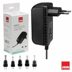 Join  Alimentador Universal 3-12V 2.25a 27W KD2510  - Alimentador de tensão regulável estabilizado, Tensão de entrada: 100-240V / 50-60Hz, Tensão de saída: 3 / 4.5 / 5 / 6 / 7.5 / 9 / 12Vdc, Inclui 9 adaptadores p/ várias marcas, Corrente máxima: 2250...