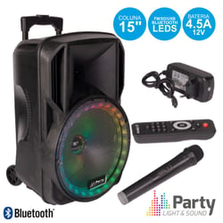 Party Light & Sound PARTY-15RGB  - Coluna amplificada 15 c/ LEDS RGB frontais, Leitor USB/SD/FM e Bluetooth, 800W, 1 Microfone de mão VHF s/ fios, c/ comando IR, Regulação Bass / Treble, leitor Bluetooth, Coluna Trolley c/ rodas, il...
