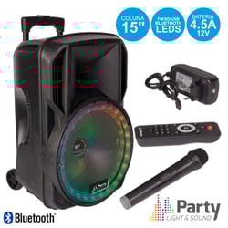 Party Light & Sound PARTY-15RGB  - Coluna amplificada 15 c/ LEDS RGB frontais, Leitor USB/SD/FM e Bluetooth, 800W, 1 Microfone de mão VHF s/ fios, c/ comando IR, Regulação Bass / Treble, leitor Bluetooth, Coluna Trolley c/ rodas, il...