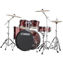 Yamaha Rydeen Studio Burgundy Glitter 20” incl. Set Pratos - Bombo: 20” x 16” perfurado, Timbalão de chão: 14” x 13”, Timbalões suspensos: 12” x 8” / 10” x 7”, Tarola: 14” x 5.5”, Suportes de timbalões: CL940LB x 2, Pratos PAISTE 101 BRASS: Ride: 20” , Crash...